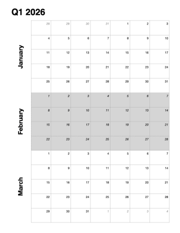 2026 Vertical Quarterly Calendar Template for Pages